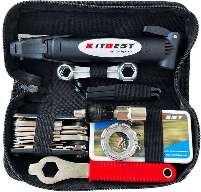 Kitbest Bike Repair Kit Bicycle Repair Bag with Tire Pump, Portable Tool Kit for Camping Travel, All in One Bike Repair Tool - Patches, Inflator, Maintenance Essentials, Safety Emergency Repair Toolkit - Image 1